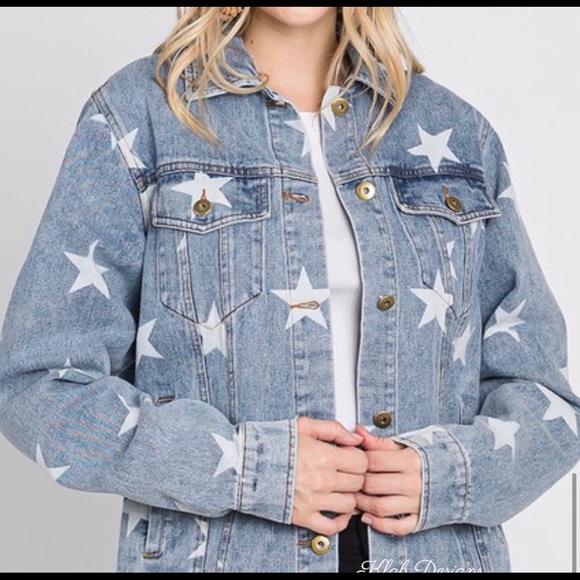 New! Sale 🎉Fabulous Star Print Denim Jean Jacket Button Down With Pockets - Picture 7 of 8